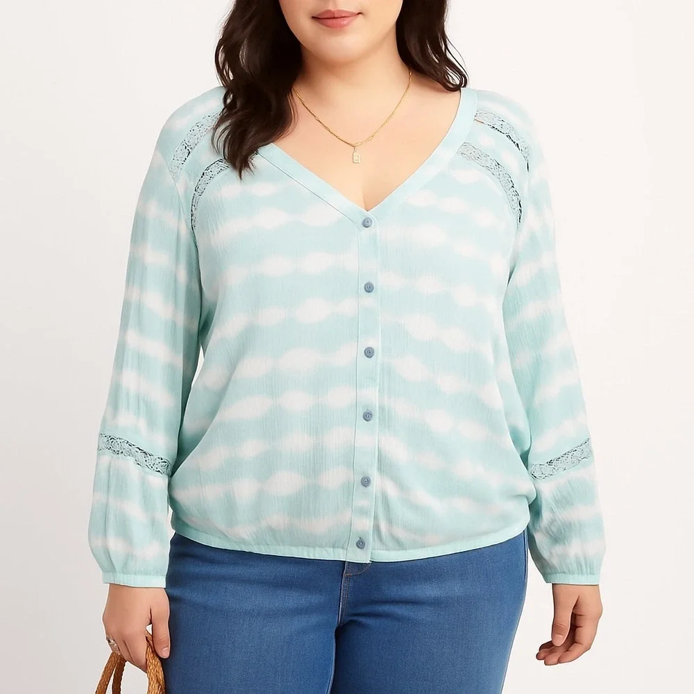Lane Bryant Womens 26/28 Blue Aqua Tie-Dye Top Button Front Long Sleeve Blouse - Picture 3 of 14